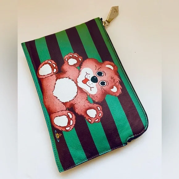 Vivienne Westwood RARE GREEN STRIPE TEDDY BEAR CLUTCH NWT AW15
